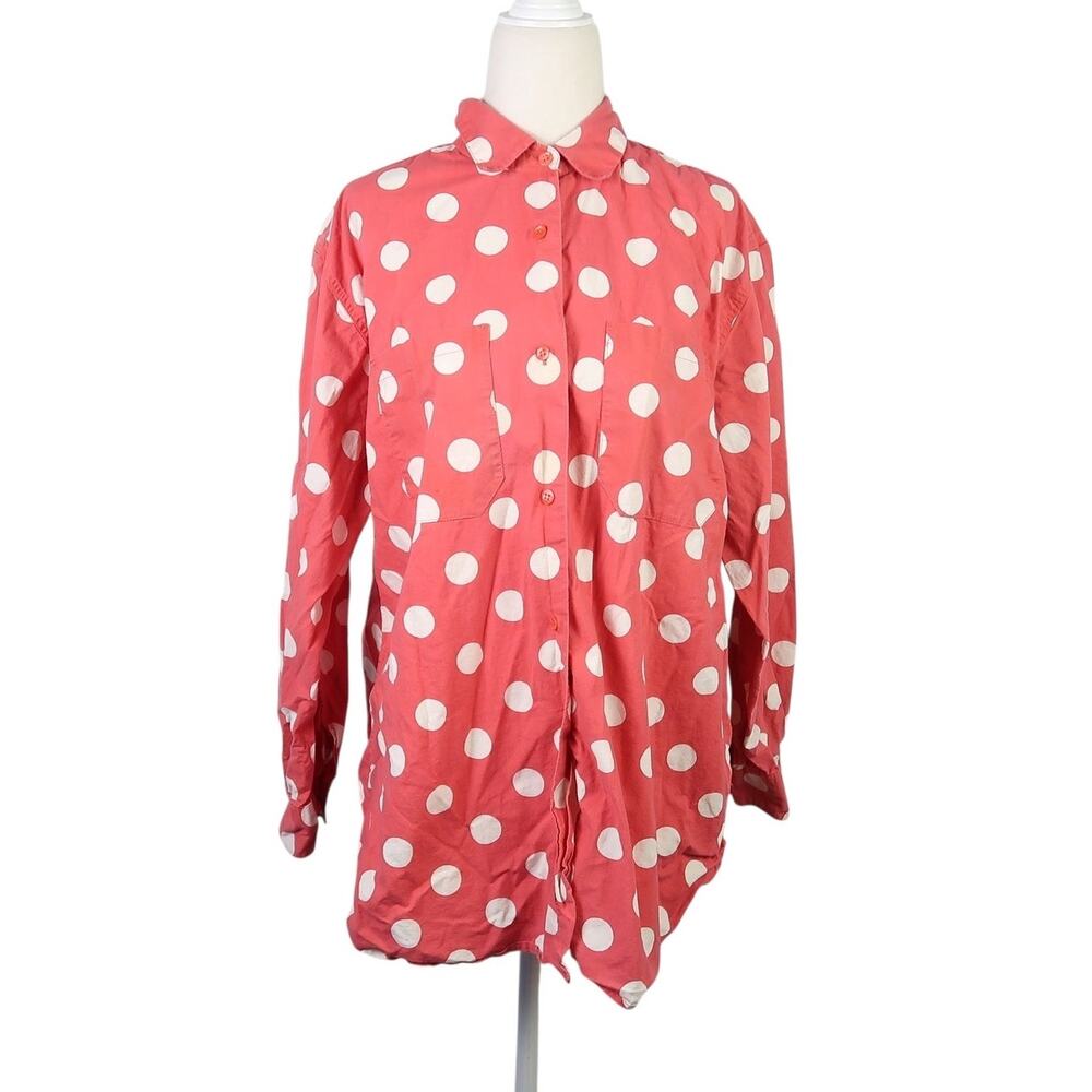 Vintage 90s Forenza Coral Pink and Cream Polka Dot Button Down Shirt S